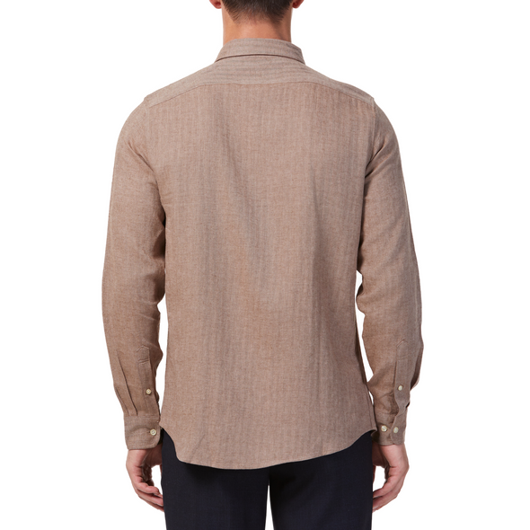 Men's brown linen long sleeve button up shirt with a pointed collar on a model. Image is cropped to the torso and a back view of the shirt