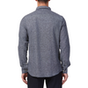 Men's textured flecked blacklinen long sleeve button up shirt with a pointed collar on a model. Image is cropped to the torso and model is facing to the side so the arm is facing the viewer