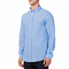 Men's bright blue linen long sleeve button up shirt with a pointed collar on a model. Image is cropped to the torso and model is angled to the models right