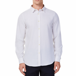 Men's white textured linen long sleeve button up shirt with a pointed collar on a model. Image is cropped to the torso and model is angled to the models right