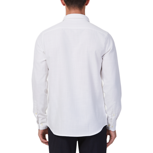 Men's white textured linen long sleeve button up shirt with a pointed collar on a model. Image is cropped to the torso and a back view of the shirt