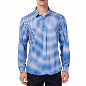 Men's blue and white gingham print button up shirt long sleeve made from knit fabric on a model - front view