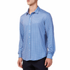 Men's blue and white gingham print button up shirt long sleeve made from knit fabric on a model - quarter turn view