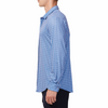 Men's blue and white gingham print button up shirt long sleeve made from knit fabric on a model - side view