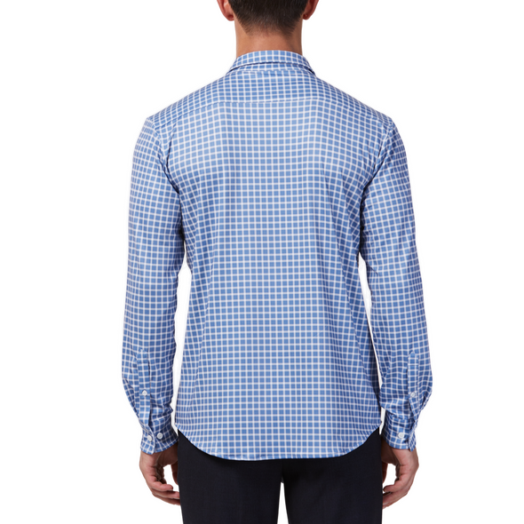 Men's blue and white gingham print button up shirt long sleeve made from knit fabric on a model - back view