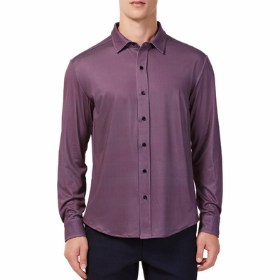 Men's maroon colored shirt with a small geometric black print button up shirt long sleeve made from knit fabric on a model - front view