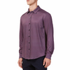 Men's maroon colored shirt with a small geometric black print button up shirt long sleeve made from knit fabric on a model - quarter turn view