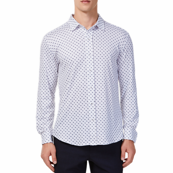 Men's white button up shirt with a blue triangle stroke pattern all over, has long sleeves, button up front and pointed collar. made from knit fabric on a model - front view