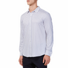 Men's white button up shirt with a blue triangle stroke pattern all over, has long sleeves, button up front and pointed collar. made from knit fabric on a model - quarter view