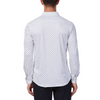 Men's white button up shirt with a blue triangle stroke pattern all over, has long sleeves, button up front and pointed collar. made from knit fabric on a model - back view