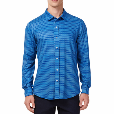 Men's blue button up shirt with a dark blue honeycomb pattern all over, has long sleeves, button up front and pointed collar. made from knit fabric on a model - front view