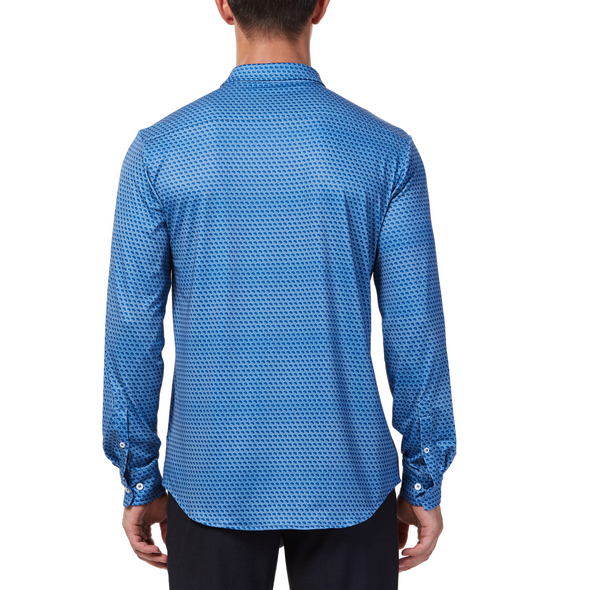 Men's blue button up shirt with a dark blue honeycomb pattern all over, has long sleeves, button up front and pointed collar. made from knit fabric on a model - back view