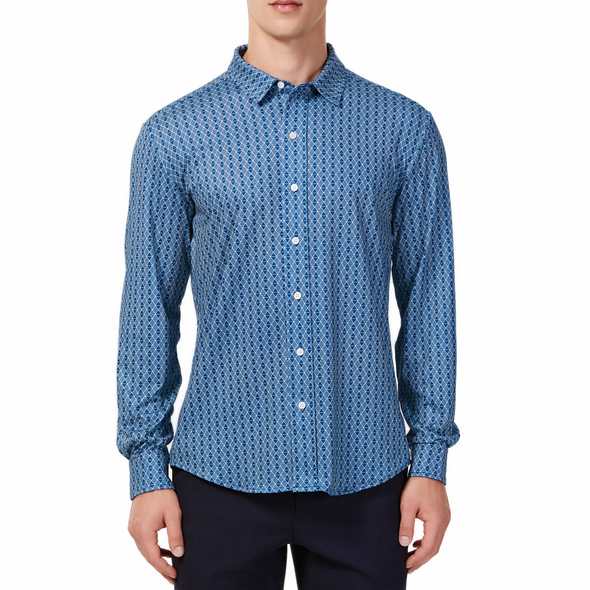 Men's blue diamond geometric print button up shirt long sleeve made from knit fabric on a model - front view