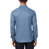 Men's blue diamond geometric print button up shirt long sleeve made from knit fabric on a model - back view