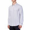 Men's white button up shirt with a dark blue dotted pattern all over, has long sleeves, button up front and pointed collar. made from knit fabric on a model - quarter view
