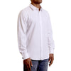 Back view of a men's long sleeve, button up woven organic cotton white dress shirt. Worn by a black male model
