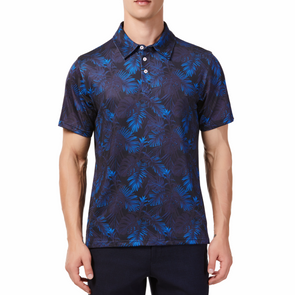 Men's Short sleeve polo shirt in a blue and black allover palm frond print. Has a 3 button front colosure and pointed blue collar made from knit fabric on a model - front view