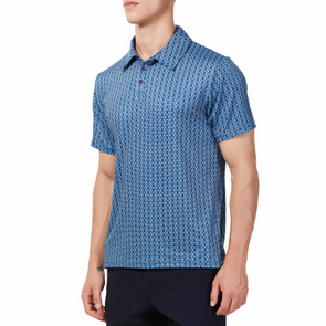 Men's Short sleeve polo shirt in a blue diamond geo print small stripes inside someof the diamonds. Has a 3 button front colosure and pointed blue collar made from knit fabric on a model - quarter view