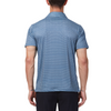 Men's Short sleeve polo shirt in a blue diamond geo print small stripes inside someof the diamonds. Has a 3 button front colosure and pointed blue collar made from knit fabric on a model - back view
