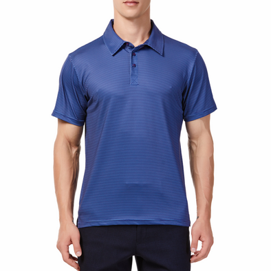 Men's blue mini striped short sleeve polo shirt. Has a 3 button front colosure and pointed blue collar made from knit fabric on a model - front view