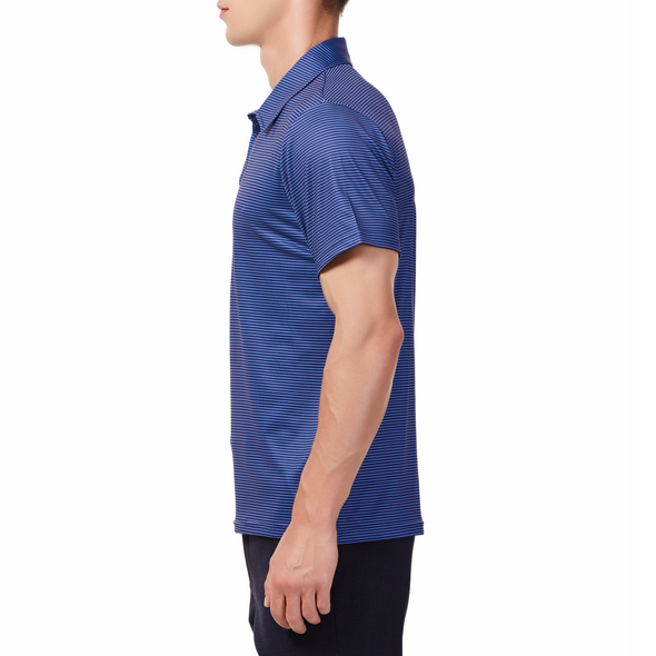 Men's blue mini striped short sleeve polo shirt. Has a 3 button front colosure and pointed blue collar made from knit fabric on a model - side view