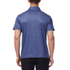 Men's blue mini striped short sleeve polo shirt. Has a 3 button front colosure and pointed blue collar made from knit fabric on a model - back view