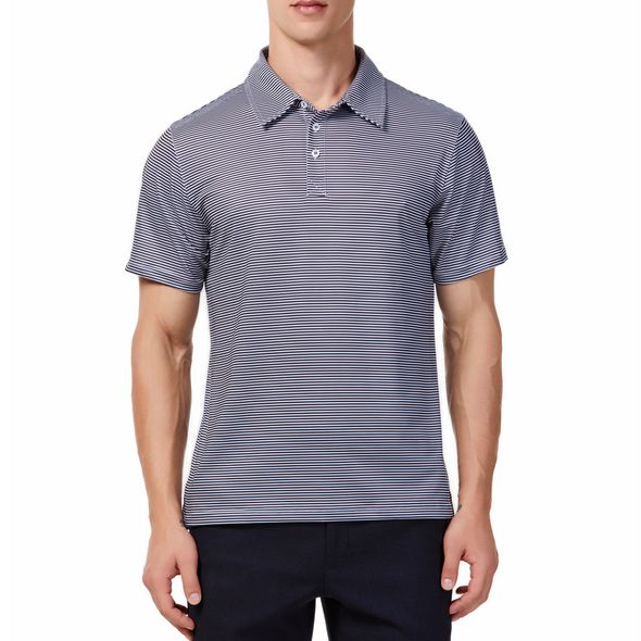 Men's charcoal and white mini striped short sleeve polo shirt. Has a 3 button front colosure and pointed blue collar made from knit fabric on a model - front view