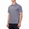 Men's charcoal and white mini striped short sleeve polo shirt. Has a 3 button front colosure and pointed blue collar made from knit fabric on a model - quarter view