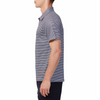Men's charcoal and white mini striped short sleeve polo shirt. Has a 3 button front colosure and pointed blue collar made from knit fabric on a model - side view