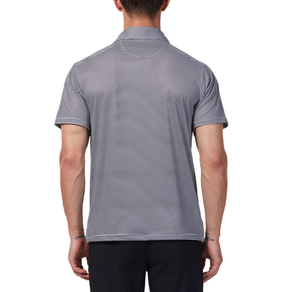 Men's charcoal and white mini striped short sleeve polo shirt. Has a 3 button front colosure and pointed blue collar made from knit fabric on a model - back view