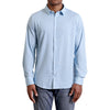 Light blue color with a small geometric dot print button up shirt long sleeve made from knit fabric on a black male model - front view
