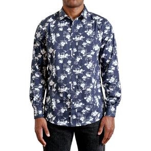 A fresh navy and white floral print, button up shirt long sleeve made from crisp cotton fabric on a black male model - front view