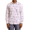 A contemporary navy line drawn floral print featured on this white button up shirt long sleeve made from smooth cotton fabric on a black male model - front view