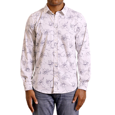 A contemporary navy line drawn floral print featured on this white button up shirt long sleeve made from smooth cotton fabric on a black male model - front view