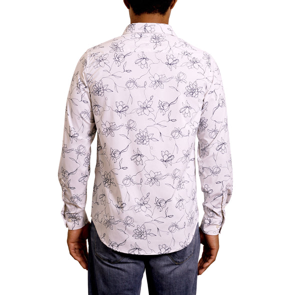 back view of a men's long sleeve, button up woven cotton dress shirt in a navy floral print on a white shirt. Worn by a black male model